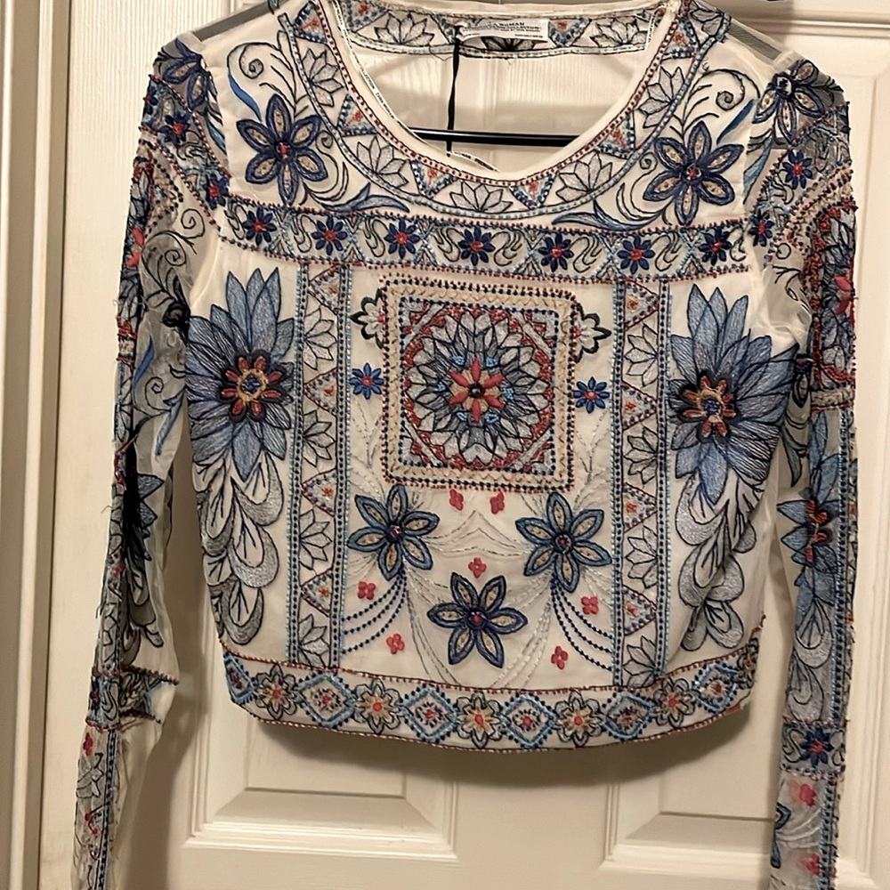 ZARA Embroidered Beaded Long Sleeve Top